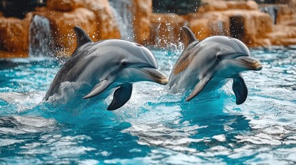 Two dolphins leaping from blue water, waterfall backdrop, animal show
