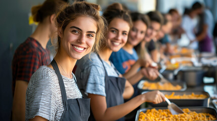 Fototapeta premium Smiling volunteers serving food, creating a warm and supportive environment.