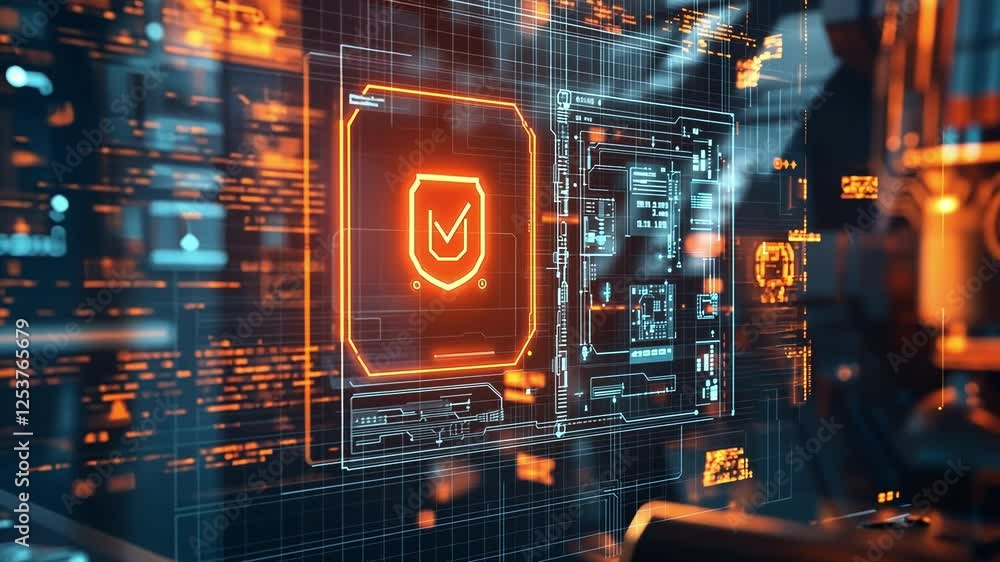 Poster cybersecurity system is displaying security check mark on digital display in futuristic server room,