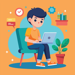 a boy is using his laptop vector