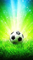 Soccer ball on vibrant green grass, bright light rays, fantasy background; stock photo