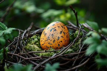 Intricately designed Easter egg resting in a cozy nest of twigs and moss. Generative AI