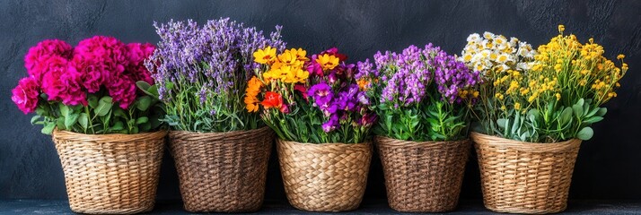A vibrant array of assorted flowers displayed in elegant vases, showcasing a myriad of colors and natural beauty in a harmonious arrangement.
