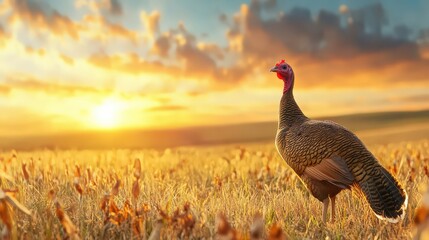 Fototapeta premium A turkey standing proudly in a field, vibrant feathers illuminated by the afternoon sun