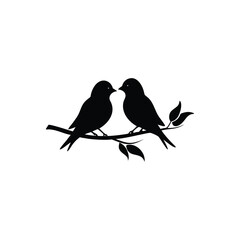 Black Silhouette two birds on a branch, valentine day vector.