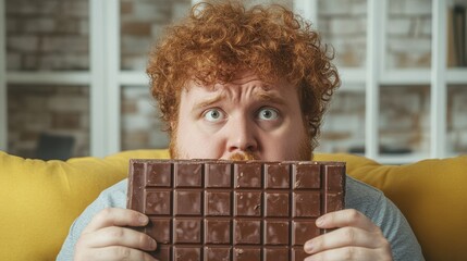 Overweight fat man with ginger curly hair looking indecisive and hesitant, holding large bar of chocolate with both hands while forbidden to eat sugar, and junk food because of strict low-carb diet
