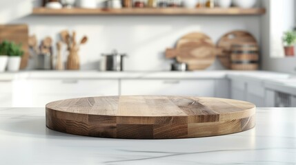 Kitchen podium background for food product. Wooden cutting board against a bright, modern kitchen backdrop. Table pedestal display, wooden platform.