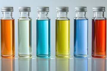Vibrant Liquid Samples: A row of seven small glass vials, each filled with a different brightly colored liquid, are arranged against a reflective surface.