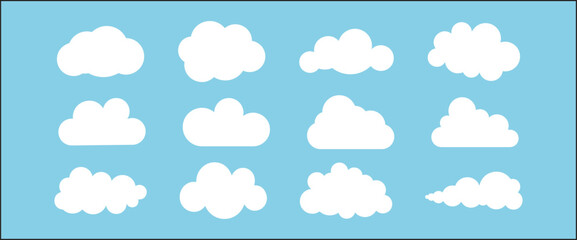 Set of 12 flat clouds. Simple cute vector illustration. Children's drawing. A weather or cloud storage icon. Blue summer sky.