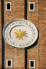 Tower clock of the Church of the Holy Apostles of Christ . Itis a 7th-century Roman Catholic church built in Renaissance architecture. Venice, Italy, 2019