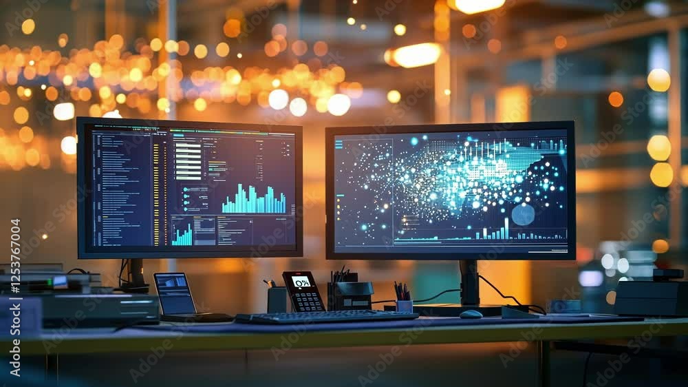 Poster two computer screens are displaying network data processing and analytics in a modern industrial off