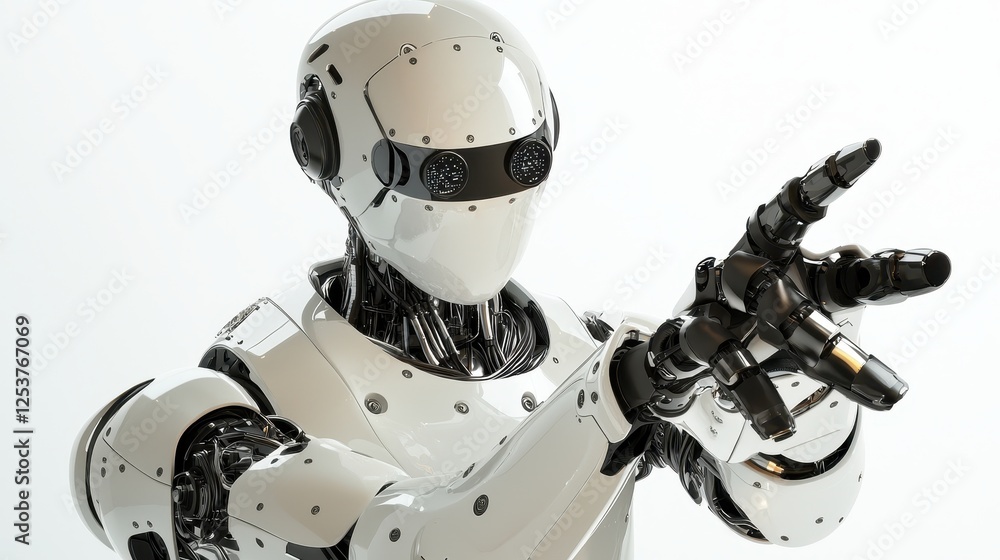 Poster futuristic robot design demonstrating machine learning capabilities on isolated white background