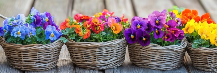 A collection of colorful flower baskets arranged neatly on a rustic wooden table, showcasing vibrant blooms and natural beauty.