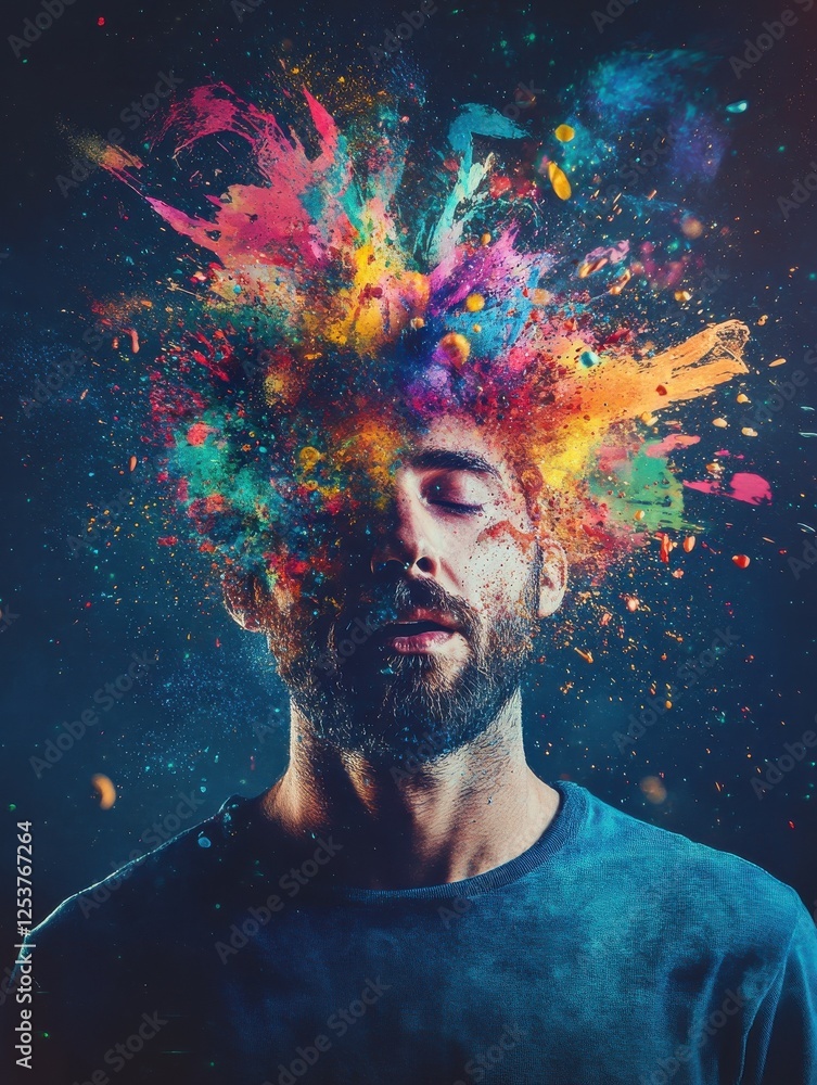 Aufkleber creative light bulb explodes with colorful paint and colors on dark background. color splash in bulb