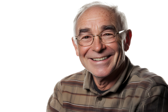 Happy elderly man laughing and looking at camera Isolated on white background.