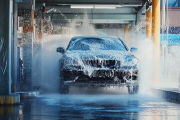 Foam cannon cleaning a sleek car at a self-service wash station. Generative AI