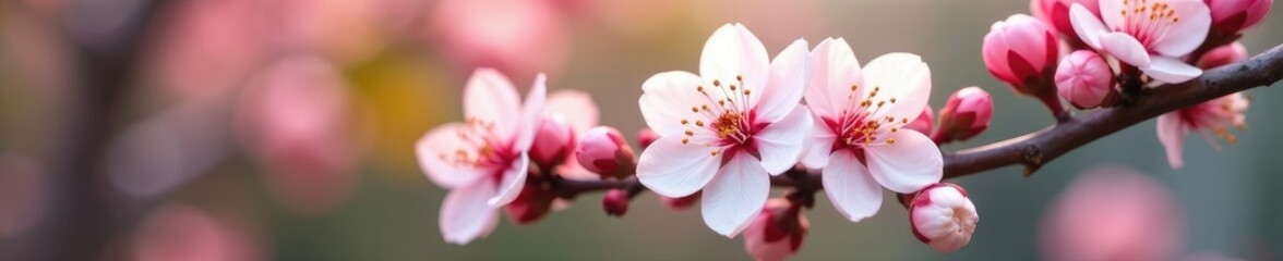 Obraz premium White and pink petals unfolding on cherry stems, blossom, flowers, nature