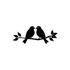 Black Silhouette two birds on a branch, valentine day vector.