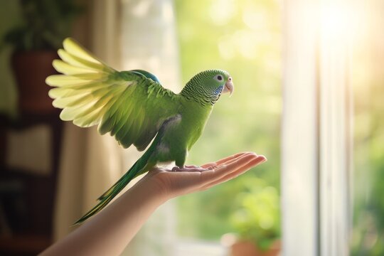 A woman teaching her parrot to perch on her hand, with the bird flapping its wings in excitement