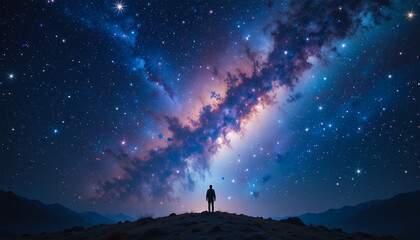 Obraz premium Silhouette of person standing under a colorful cosmic nebula sky