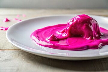 A close-up of fuchsia gooey slime oozing out from under a cracked white ceramic plate, scientific mistake, hazardous waste, isolated, food contamination, spill
