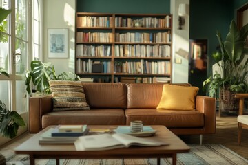 Livingroom with library, cozy reding nook