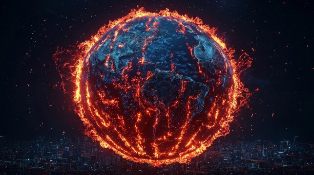 Fiery depiction of Earth surrounded by molten lava and heat.