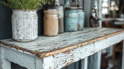 Naklejka premium Rustic white wooden table with vintage jars and plant in a cafe setting
