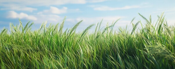Fototapeta premium Grass field, blue sky, white clouds, background,
