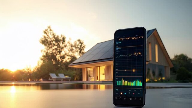 Energy management app on a smartphone showing data from solar panels installed on a modern house with a swimming pool