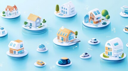 A colorful illustration of various houses floating on water, showcasing modern architecture.