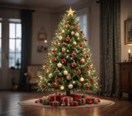 A Christmas tree decorated with ornaments and lights, beautiful tree, festive decor, merry christmas scene
