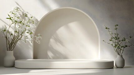 Beautifully arranged flowers in simple white vases displayed on minimalist shelves against a soft monochrome wall backdrop  The clean calming