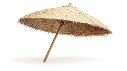 A straw umbrella with a sturdy wooden pole stands prominently against a clean white background, showcasing its simplicity and elegance.