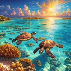 Turtles swim gracefully in crystal-clear waters under a vibrant sunset sky with lush islands in the distance.