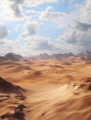 Fototapeta premium A vibrant digital environment creation presents a sprawling desert landscape with undulating dunes and dramatic skies. The attention to detail and lifelike rendering of the virtual terrain make this