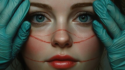 a woman undergoing a cosmetic consultation, her face marked with lines, medical gloves carefully supporting her face