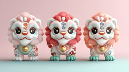 Obraz premium Colorful lion figurines with playful expressions, symbolizing joy and prosperity.