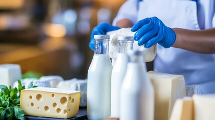 A chef in a kitchen preparing dairy products, showcasing fresh milk bottle and various cheeses
