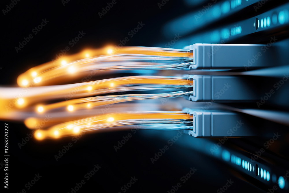 Aufkleber network cables connecting to a server with glowing lights in a data center