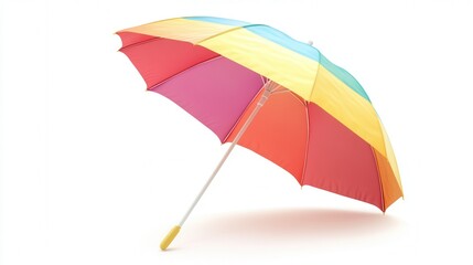 Obraz premium A vibrant umbrella featuring a wooden handle, set against a clean white backdrop, showcasing its colorful design and functional elegance.