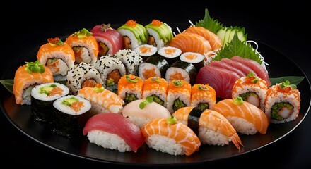 Assorted Sushi and Sashimi Platter Close-up Perfect for Japanese Cuisine