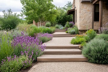 Scenes of a front yard garden with a xeriscape design, featuring drought-tolerant plants, gravel pathways, and a water-efficient landscape
