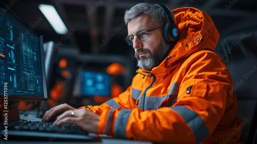 Poster focused man in orange jacket works on computer, wearing headphones, surrounded by screens displaying