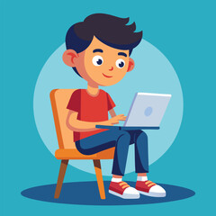 a boy is using his laptop vector