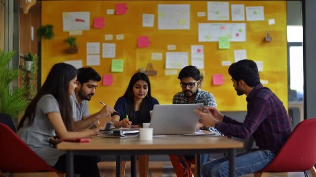Young Indian entrepreneurs collaborating, sharing startup strategy while working on laptop in contemporary workspace