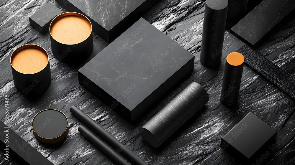 Fototapete black minimalist product display concept with abstract geometric forms and shapes for branding packa
