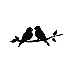 Black Silhouette two birds on a branch, valentine day vector.