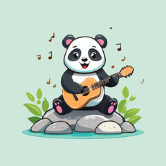 Fototapeta premium A cheerful panda playing an acoustic guitar while sitting on a rock, with musical notes floating around, warm and vibrant vector art