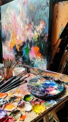 Colorful painting, brushes, palette, paint, art supplies.